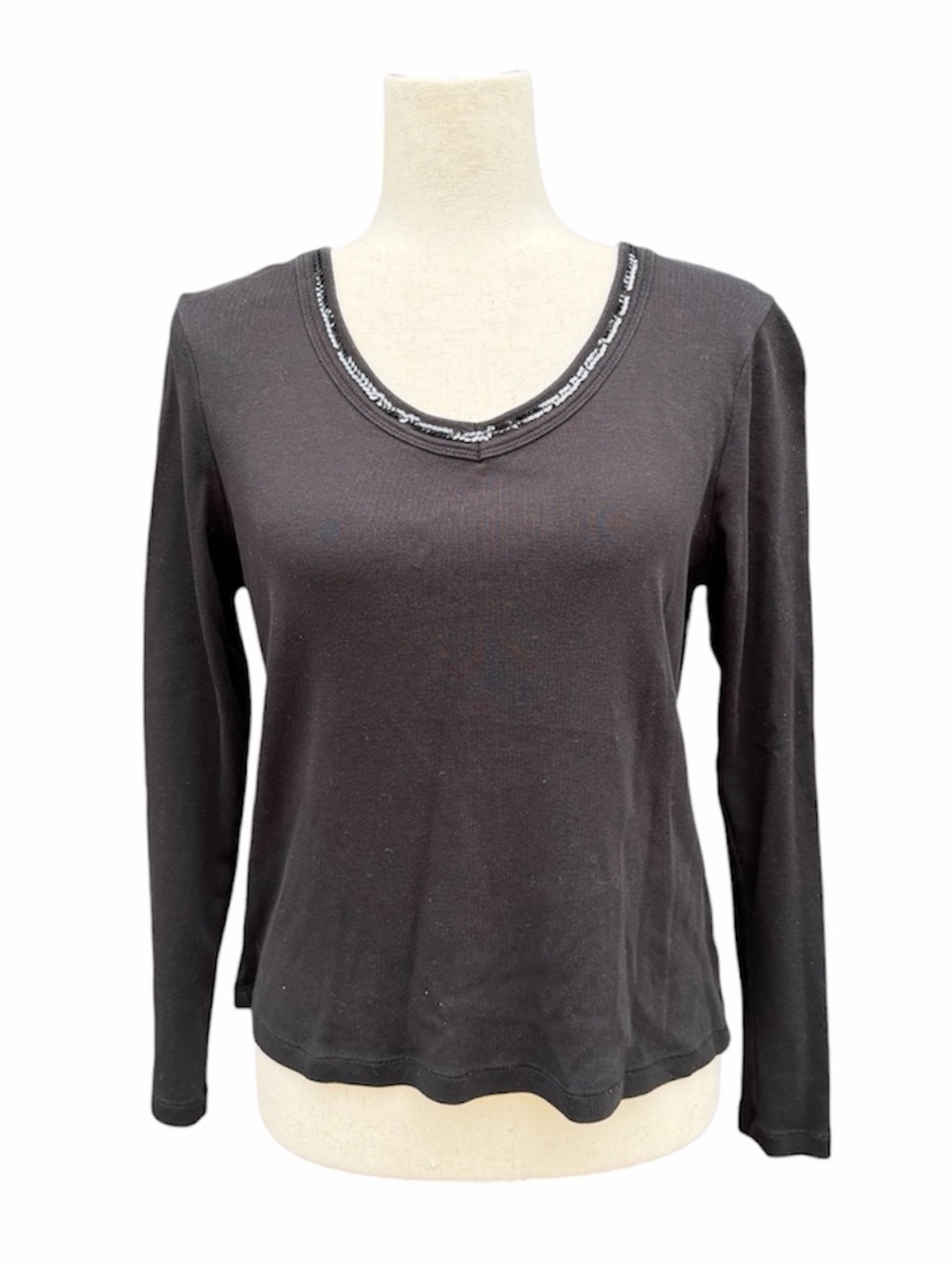 Christopher & Banks 100% cotton sequin Women's Black Long Sleeve V Neck Top M